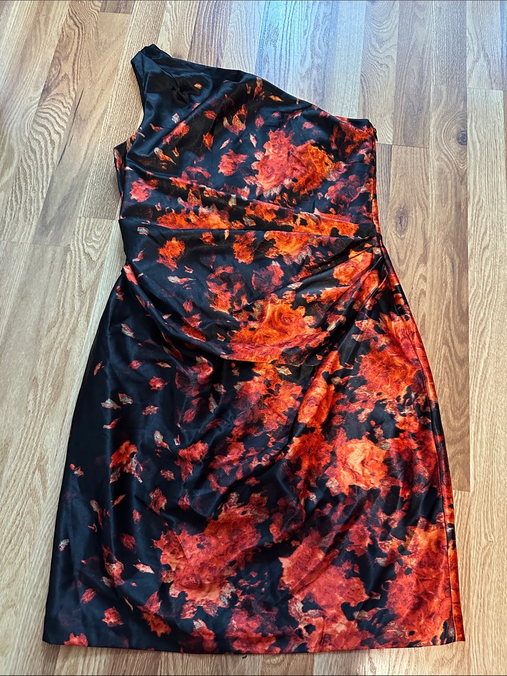 One-Shoulder Black Dress with Red Floral Print size 14